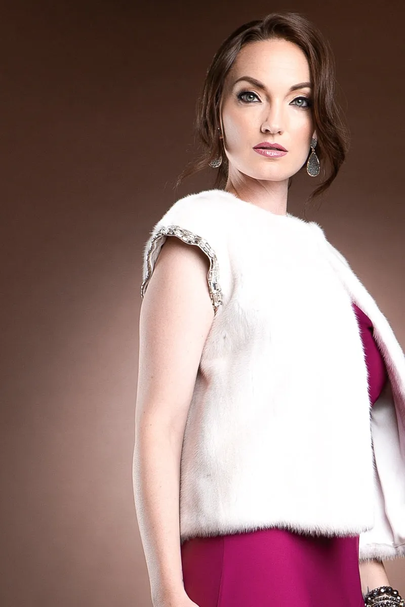 Pearl Mink Fur Vest with Crystal Cap Sleeves