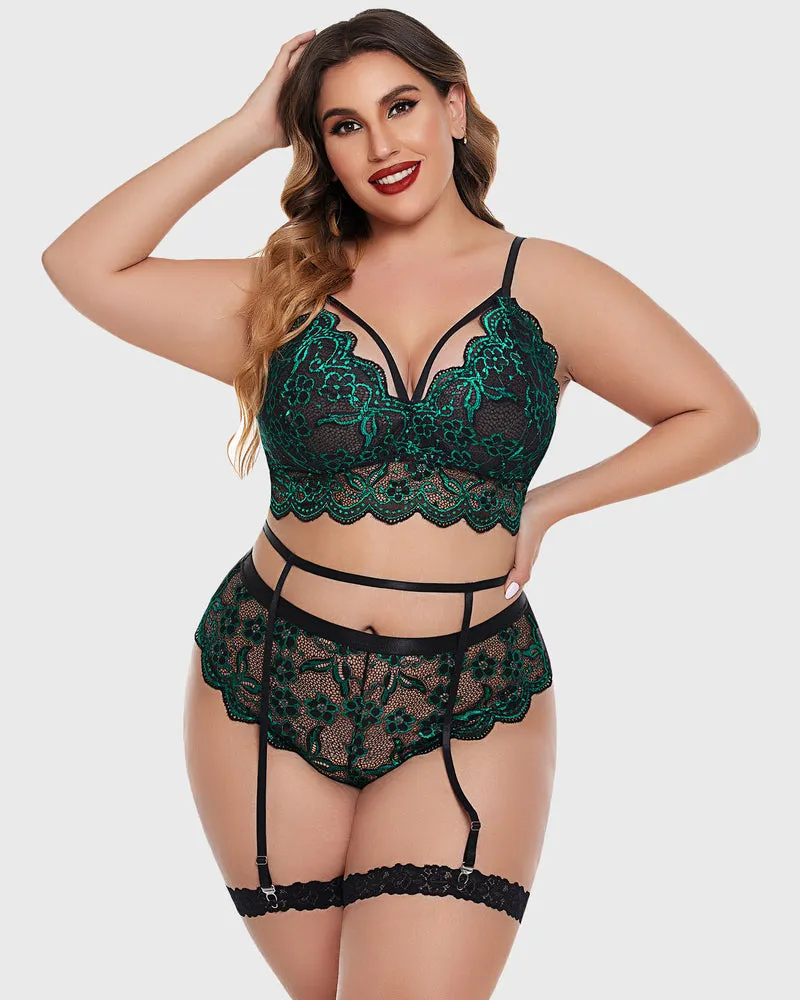 Plus Size Floral Lace Trim Bra High Waist Panties Set