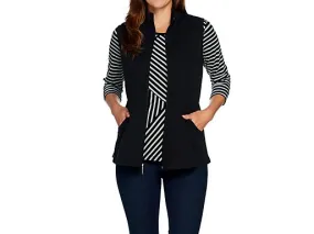 "As Is" Denim & Co. Active Striped 3/4 Sleeve Top w/Zip Front Peplum Vest Set, Size 1X	Black