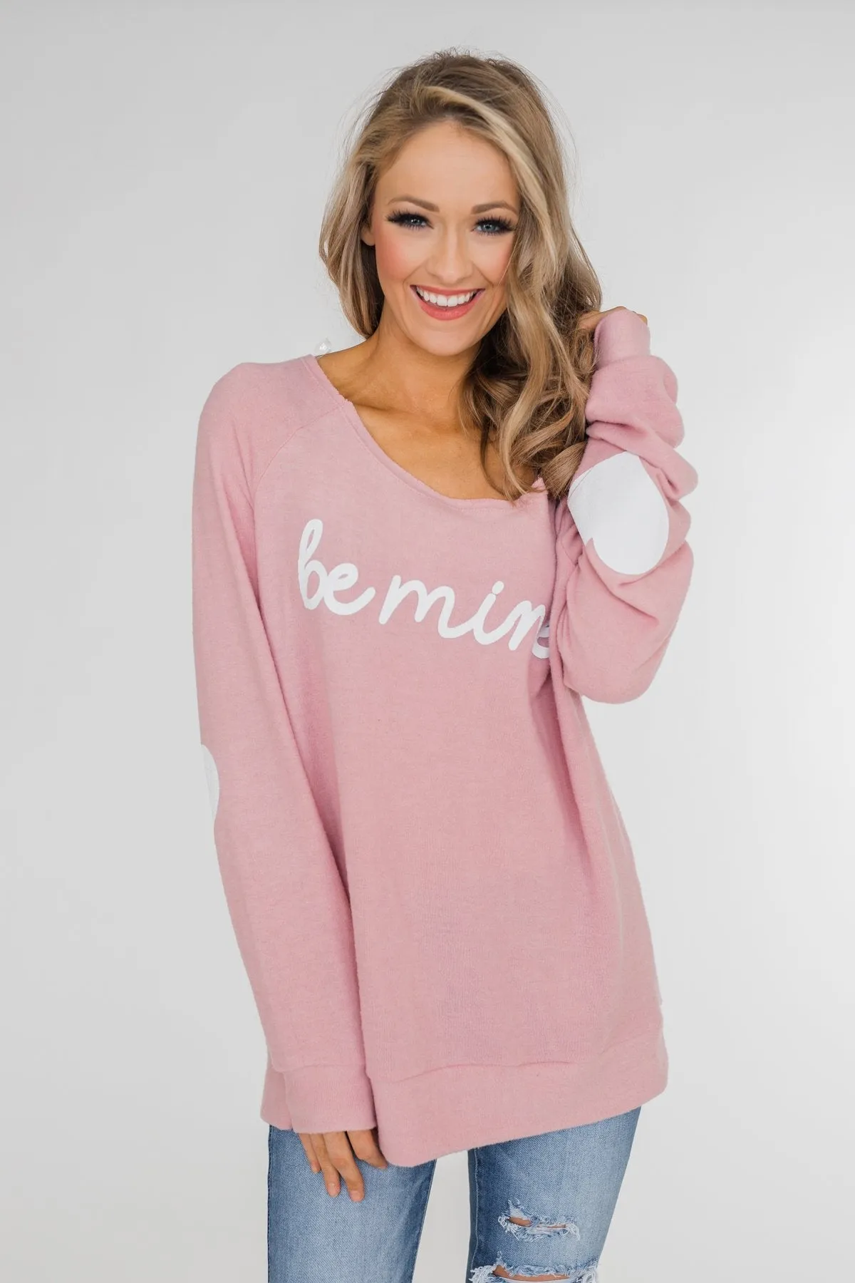 "Be Mine" Heart Elbow Patch Top - Blush