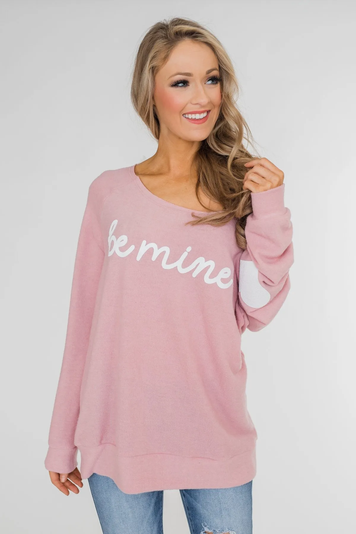 "Be Mine" Heart Elbow Patch Top - Blush