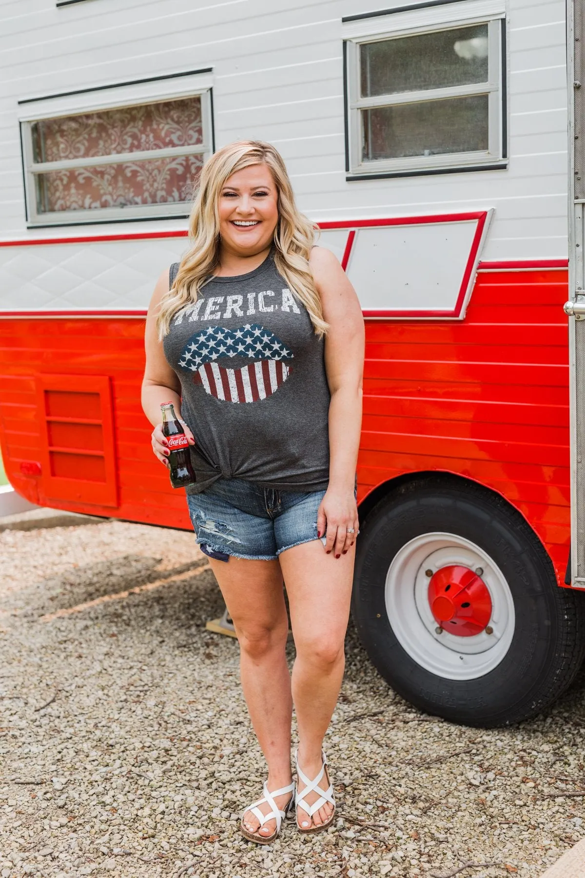 "Merica" Cut Out Back Tank Top- Charcoal