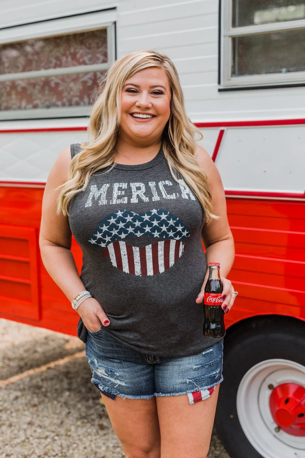 "Merica" Cut Out Back Tank Top- Charcoal