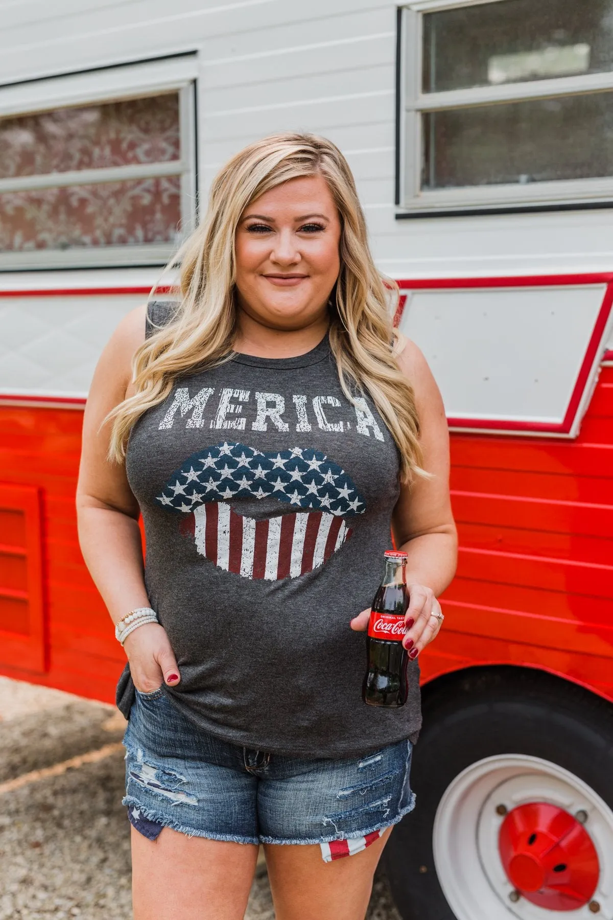 "Merica" Cut Out Back Tank Top- Charcoal