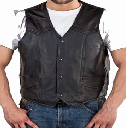 REED Men's Soft Durable Leather Vest Black, 2 Inside Pockets - Imported