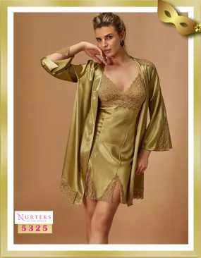 Satin with Lace Lingerie Nightgown with Robe Set 5325