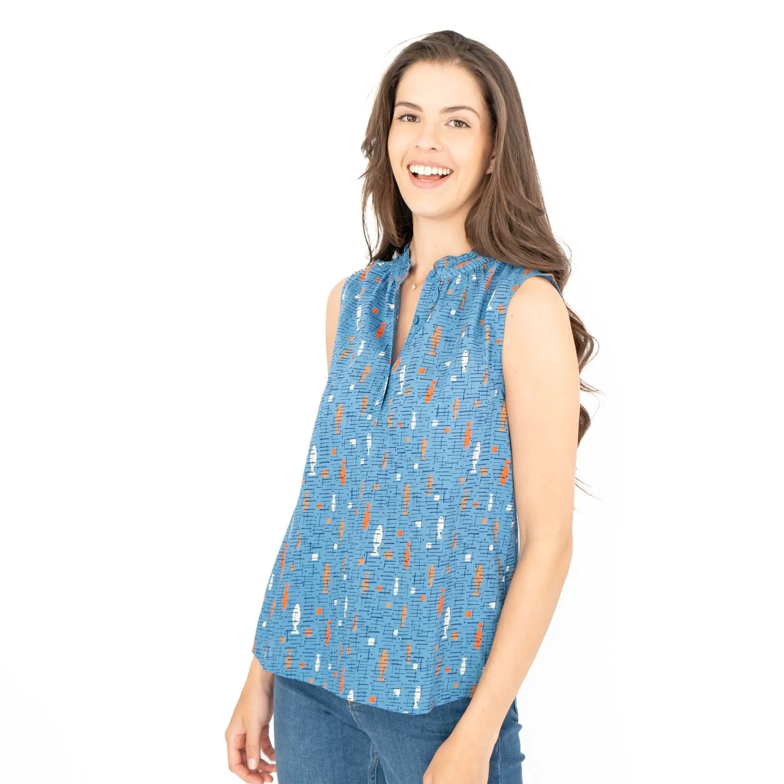 Seasalt Blue Fish Flower Fields Summer Vest Sleeveless Tops