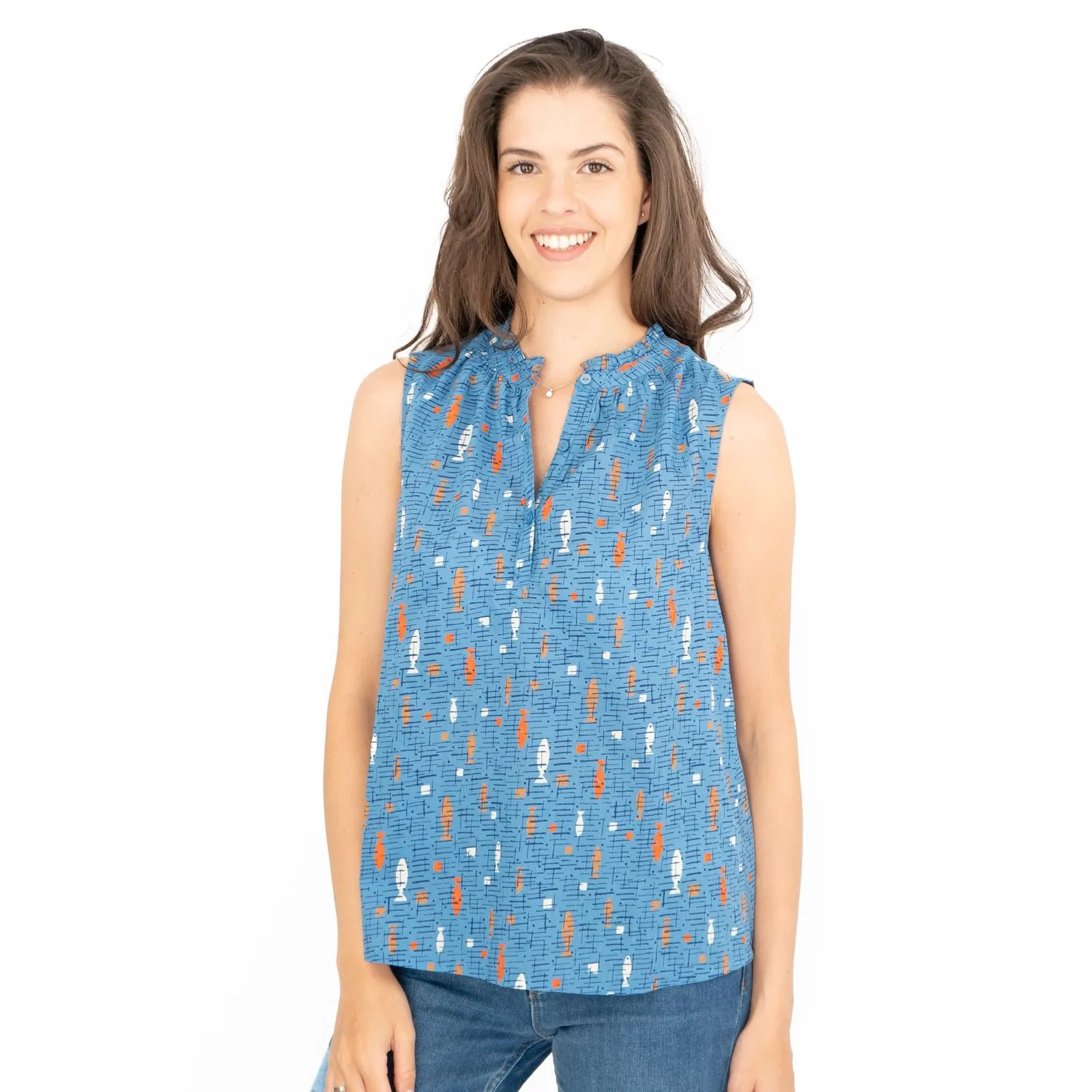 Seasalt Blue Fish Flower Fields Summer Vest Sleeveless Tops