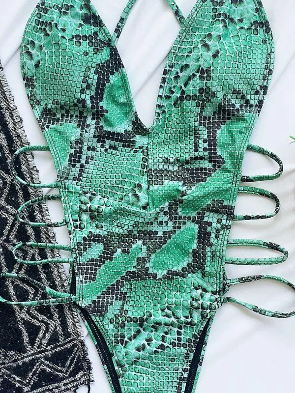 Serpent Printed Colourful Lace Up Swimwear