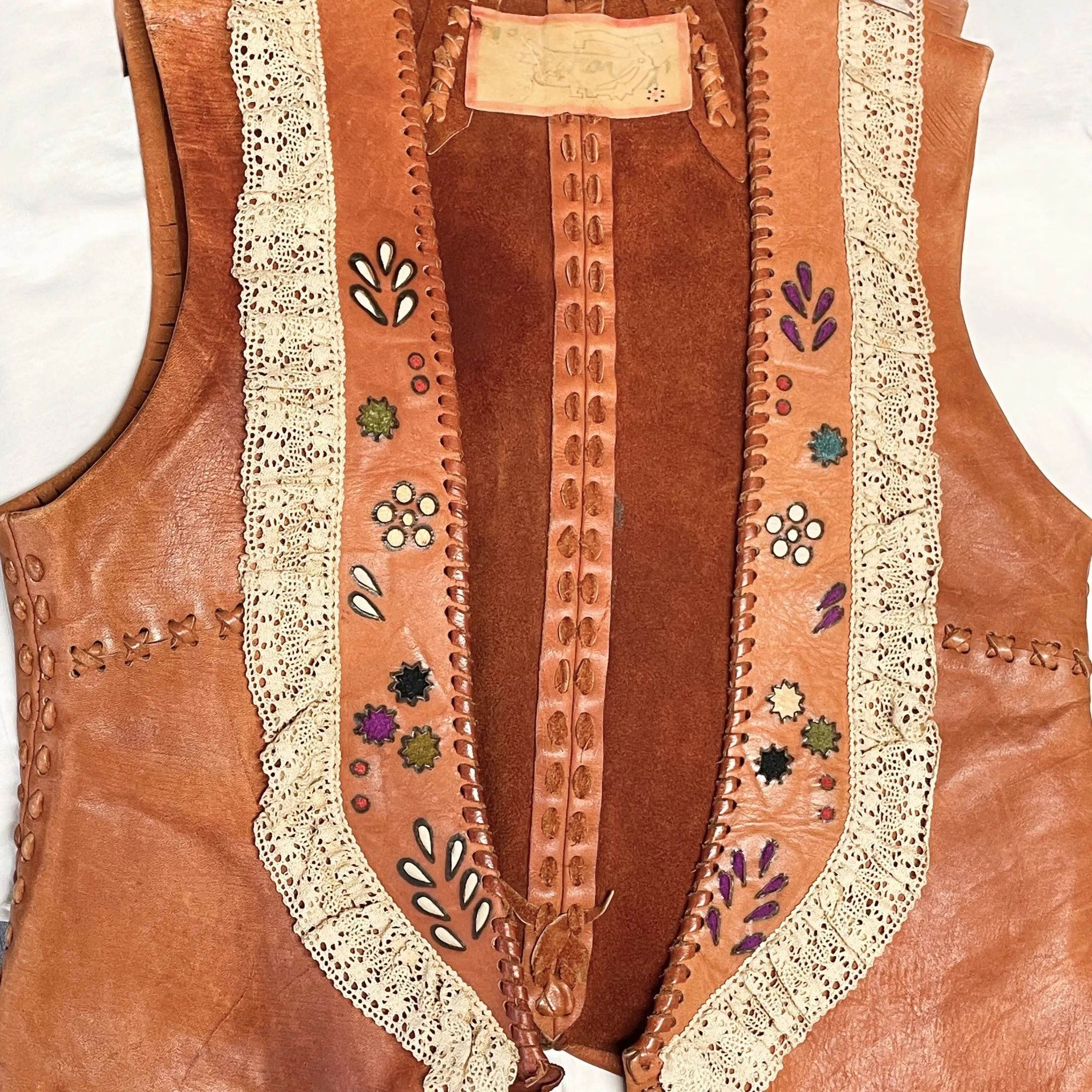 SOLD Vintage 60s Char Handmade Painted Leather & Lace Vest S