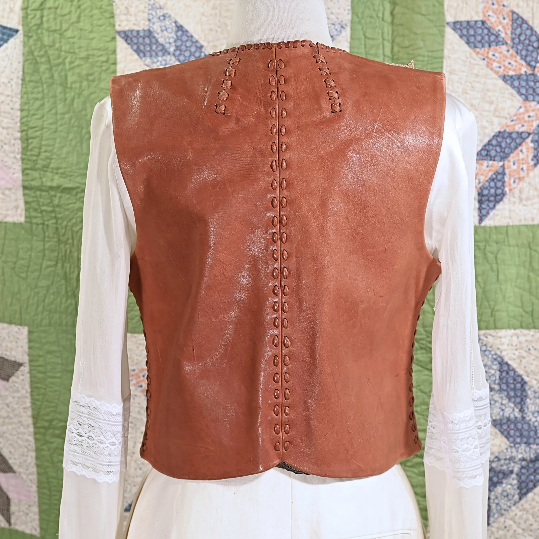 SOLD Vintage 60s Char Handmade Painted Leather & Lace Vest S