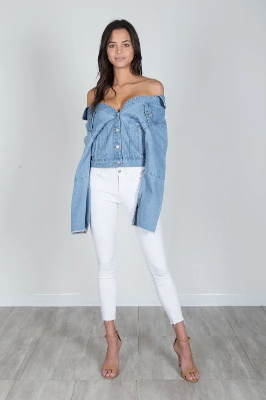 THE MYSTYLEMODE DENIM OFF SHOULDER SWEETHEART JEAN JACKET