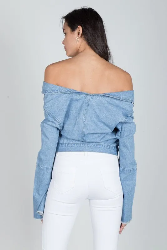 THE MYSTYLEMODE DENIM OFF SHOULDER SWEETHEART JEAN JACKET