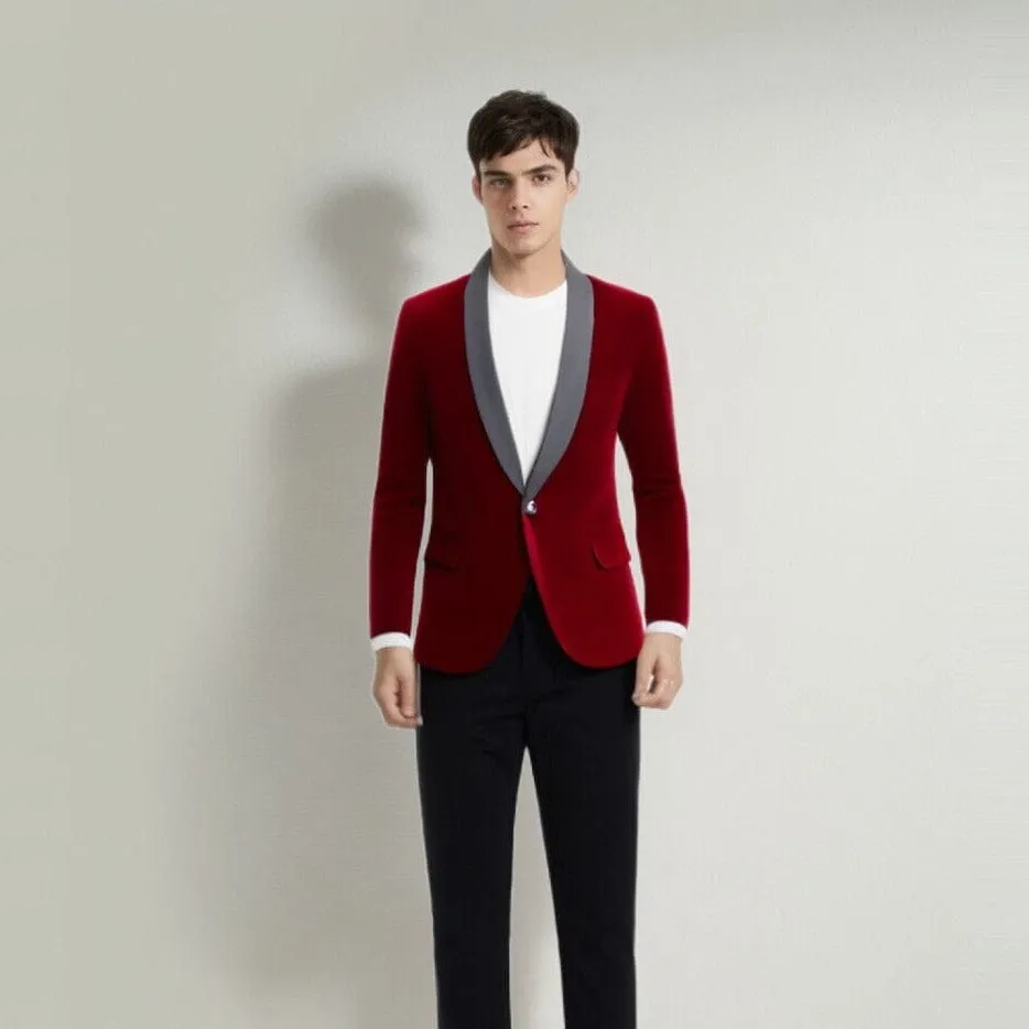 The Xavier Slim Fit Velvet Blazer Suit Jacket - Oxblood