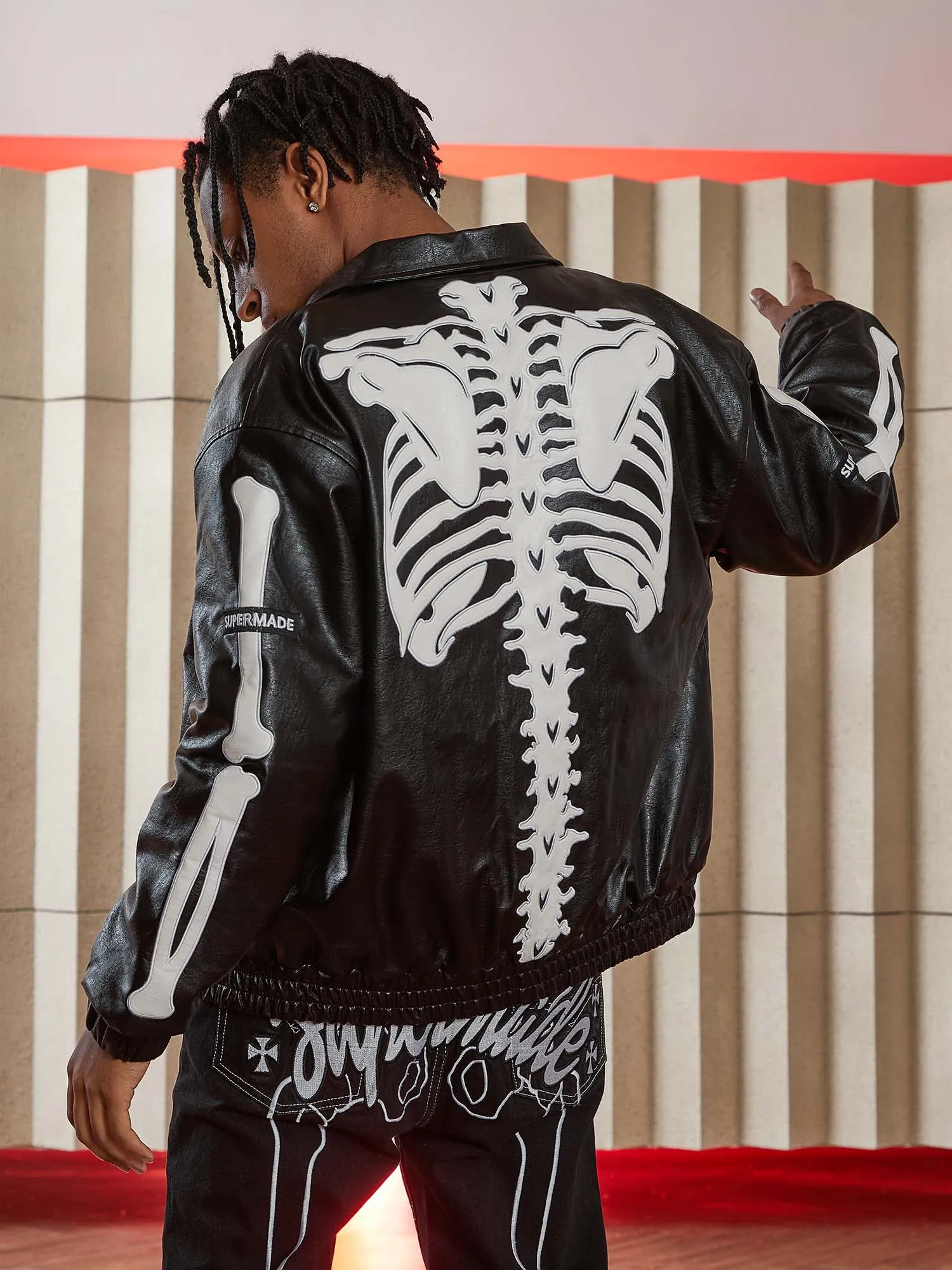 Thesupermade Hip Hop Bones Embroidered Leather Jacket - 1833