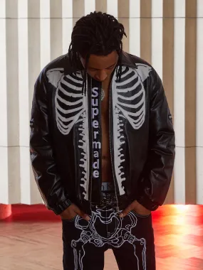 Thesupermade Hip Hop Bones Embroidered Leather Jacket - 1833