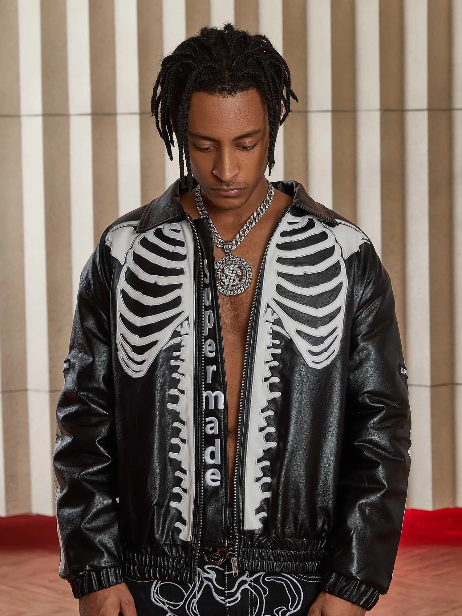 Thesupermade Hip Hop Bones Embroidered Leather Jacket - 1833