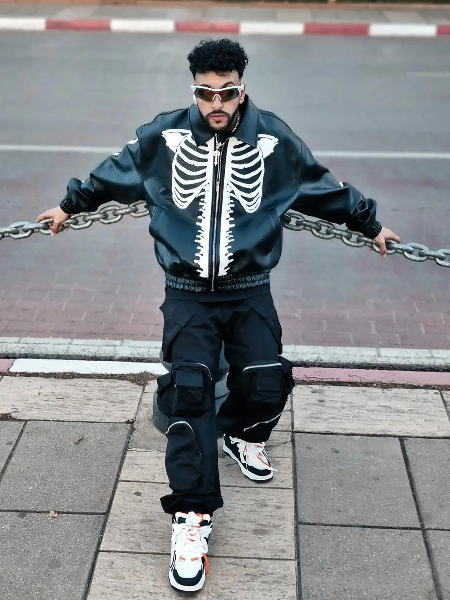 Thesupermade Hip Hop Bones Embroidered Leather Jacket - 1833