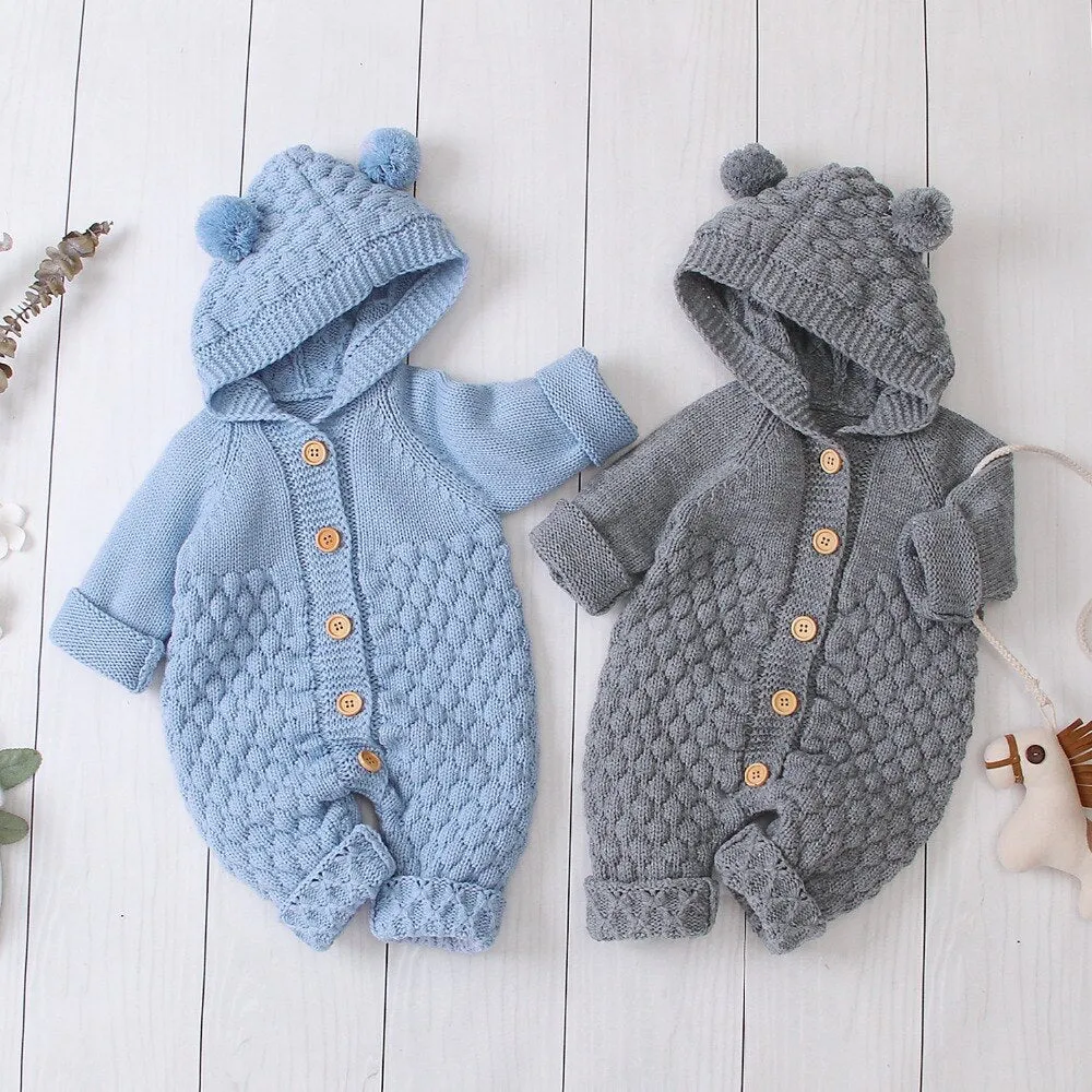 Unisex Knit Hooded Newborn Baby Romper