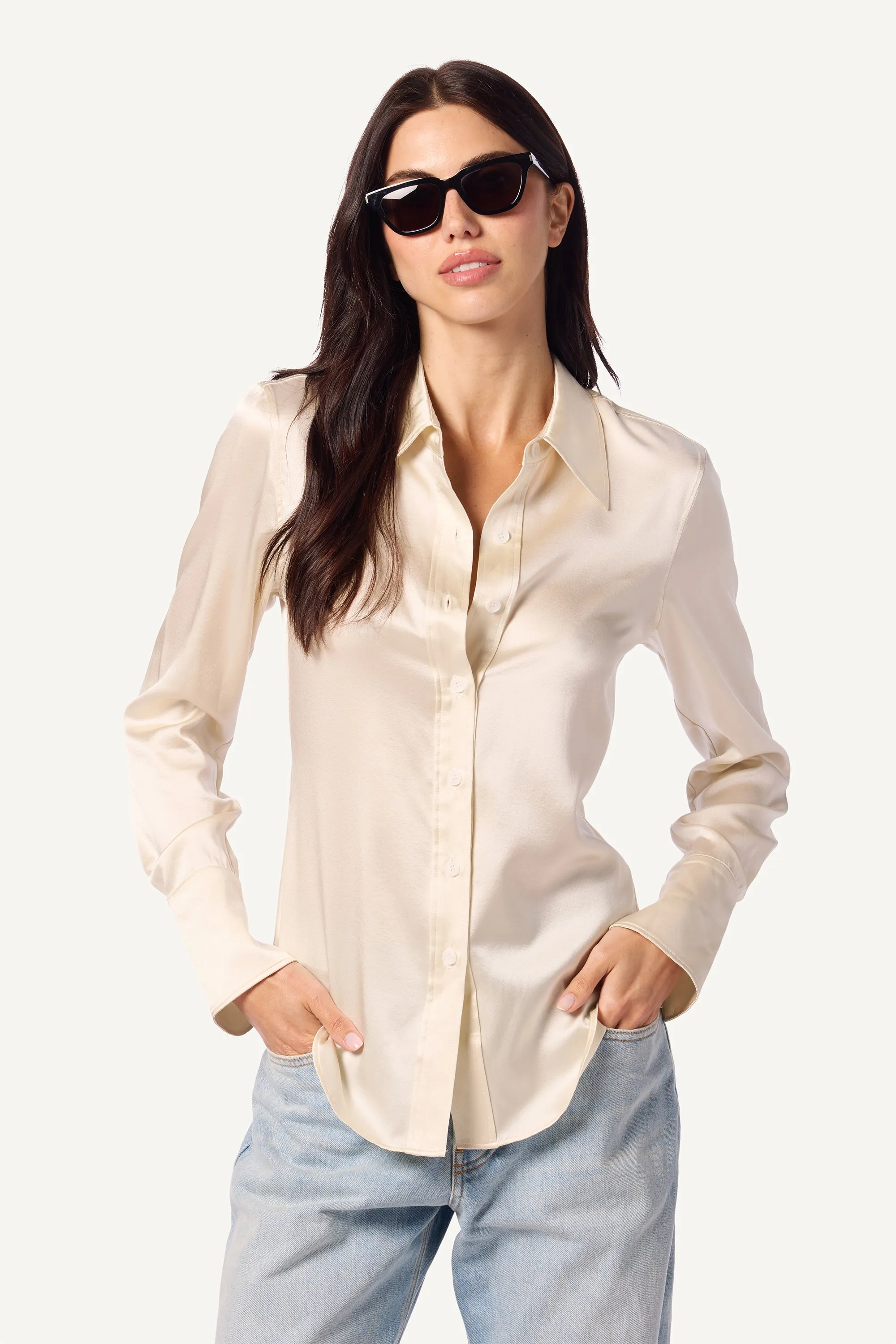 VINCENT SLIM FIT BUTTON DOWN SILK SHIRT | GARDENIA