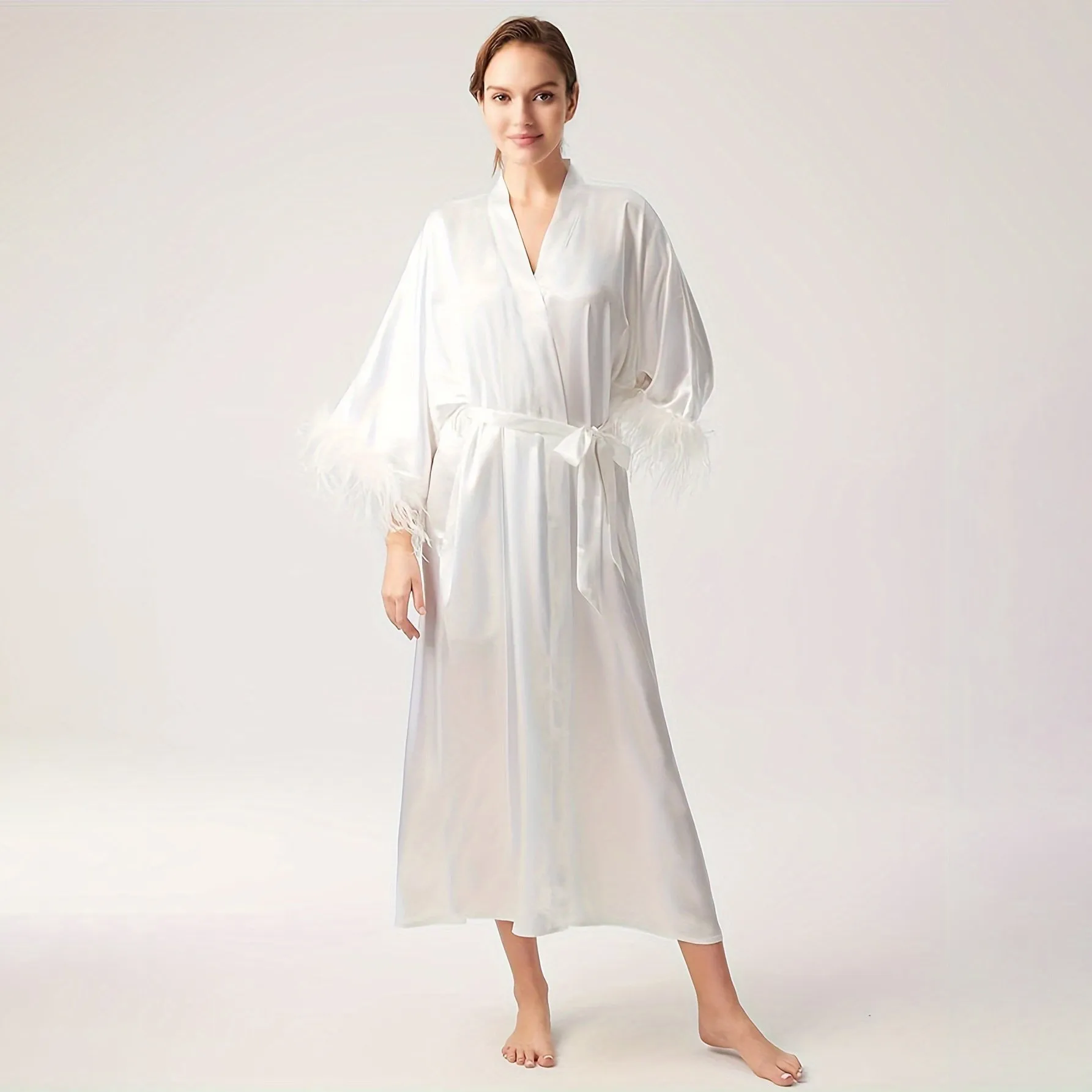 White Bridal pure Silk Kimono Robes with Ostrich Feather Mulberry Silk Robe