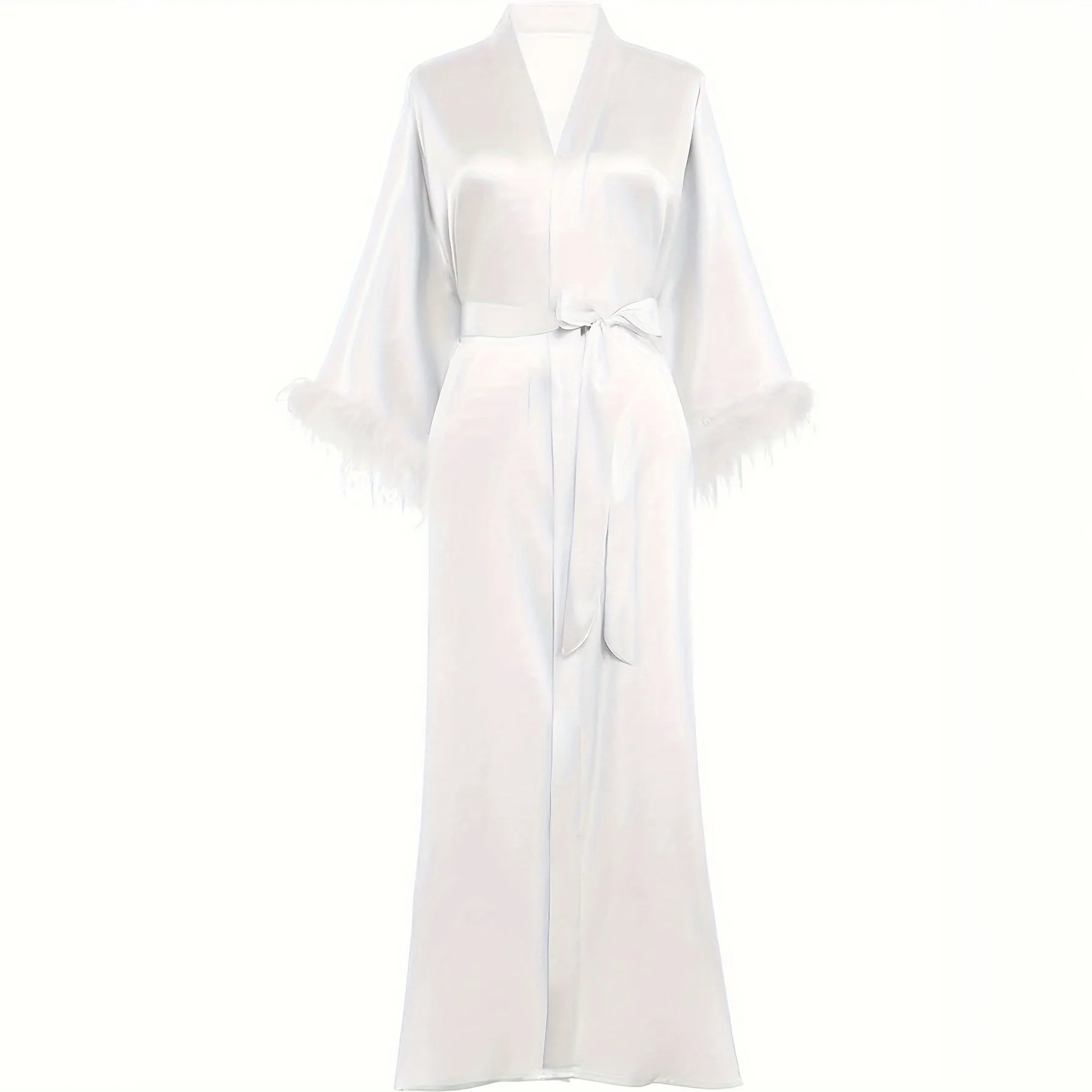 White Bridal pure Silk Kimono Robes with Ostrich Feather Mulberry Silk Robe