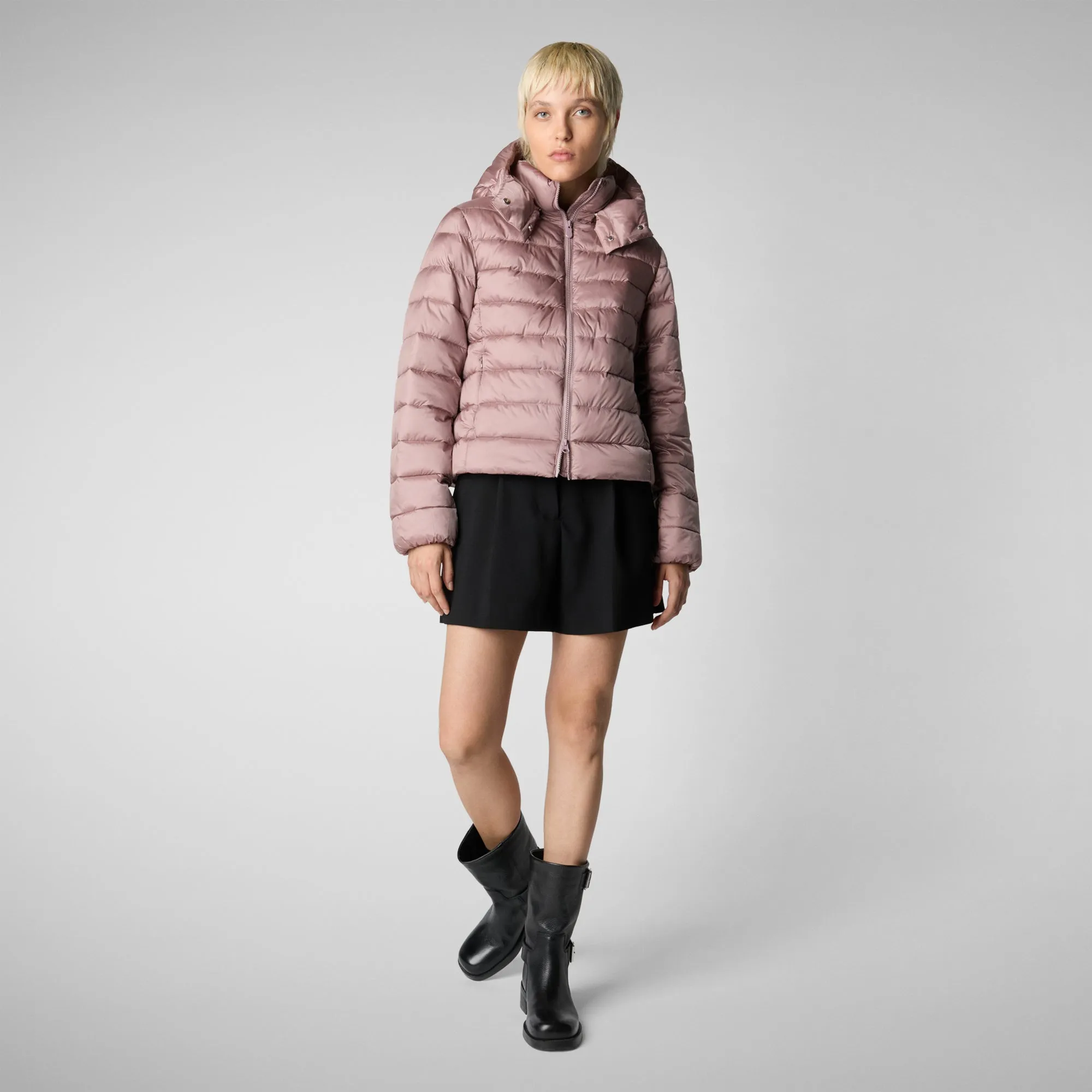 Woman's animal free hooded puffer jacket Liana in misty rose