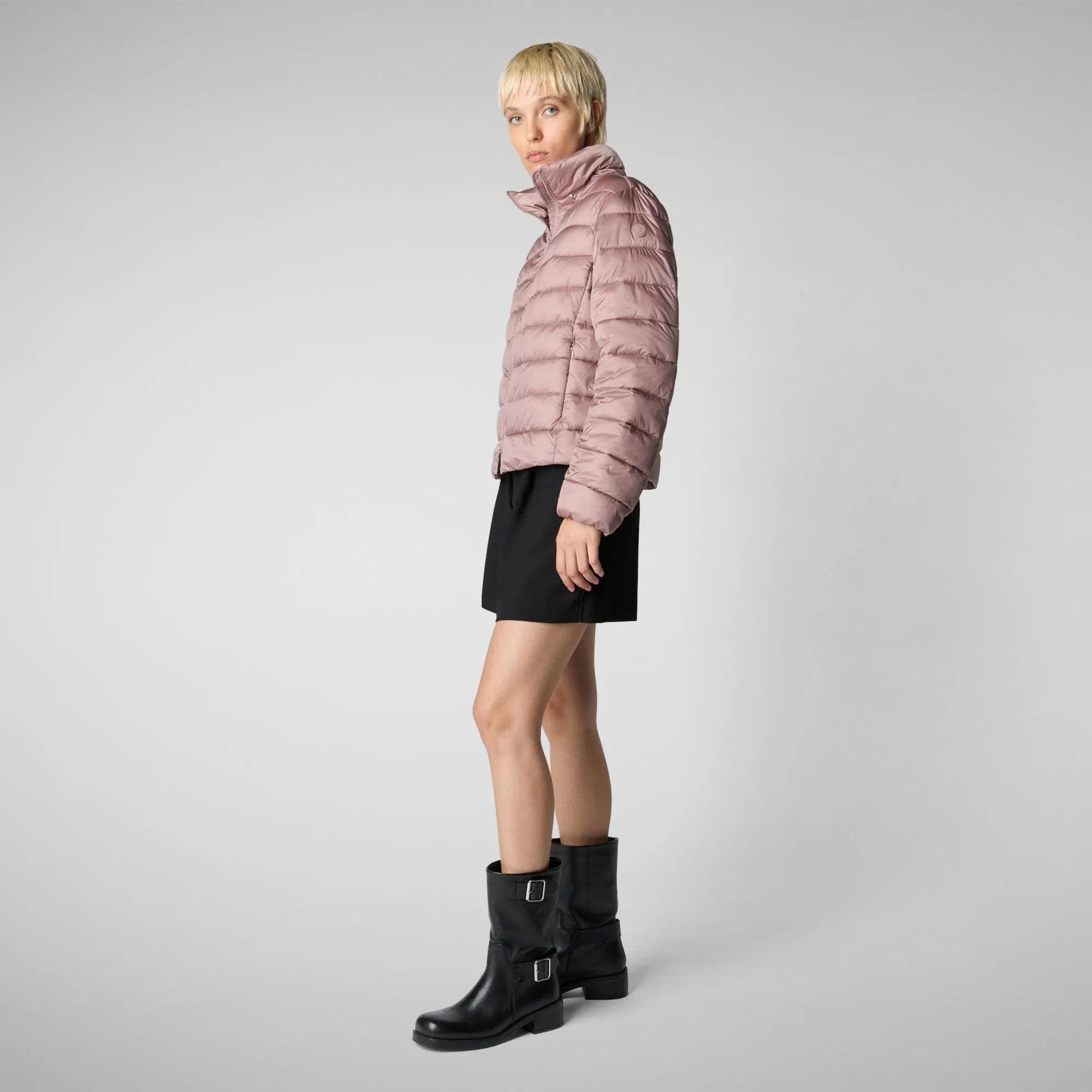 Woman's animal free hooded puffer jacket Liana in misty rose