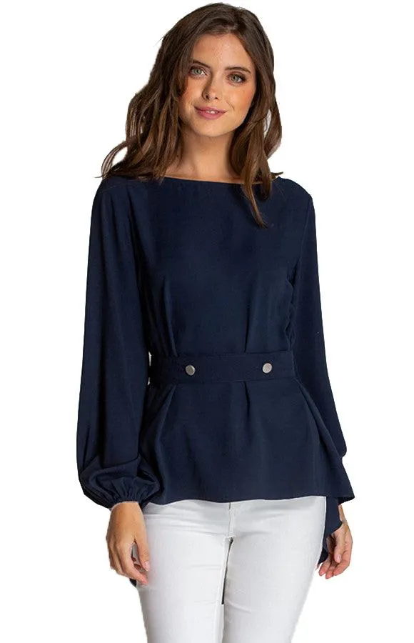 Women's Navy Boat Neckline Blouse With Button Details