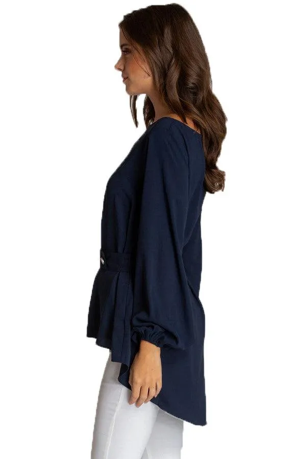 Women's Navy Boat Neckline Blouse With Button Details