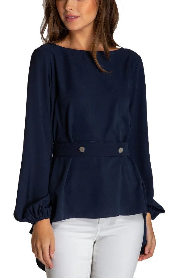 Women's Navy Boat Neckline Blouse With Button Details